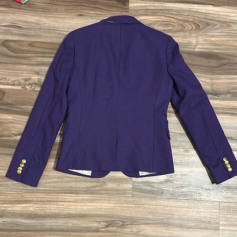 J Crew Womens Schoolboy Blazer Size  0 Purple Gold Crested Buttons Wool Blend